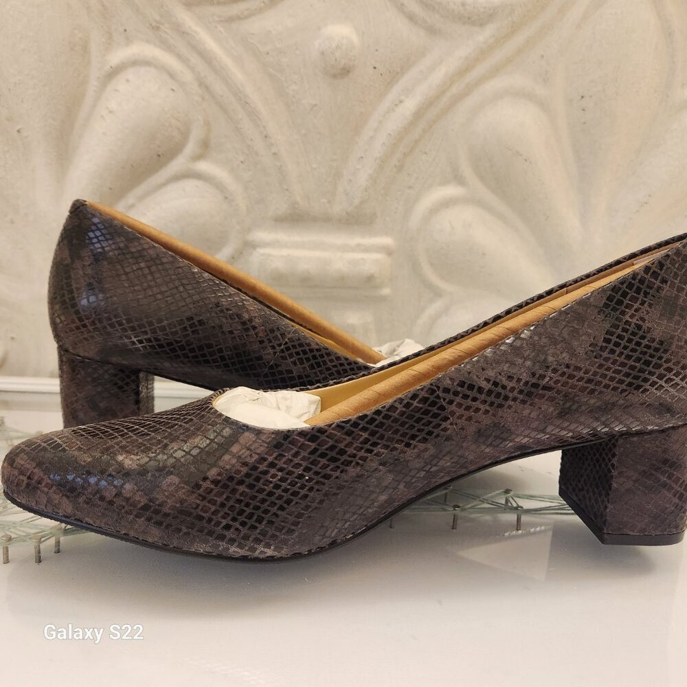 Trotters Dark Brown Snake-Print Block Heel Pumps - Picture 5 of 9